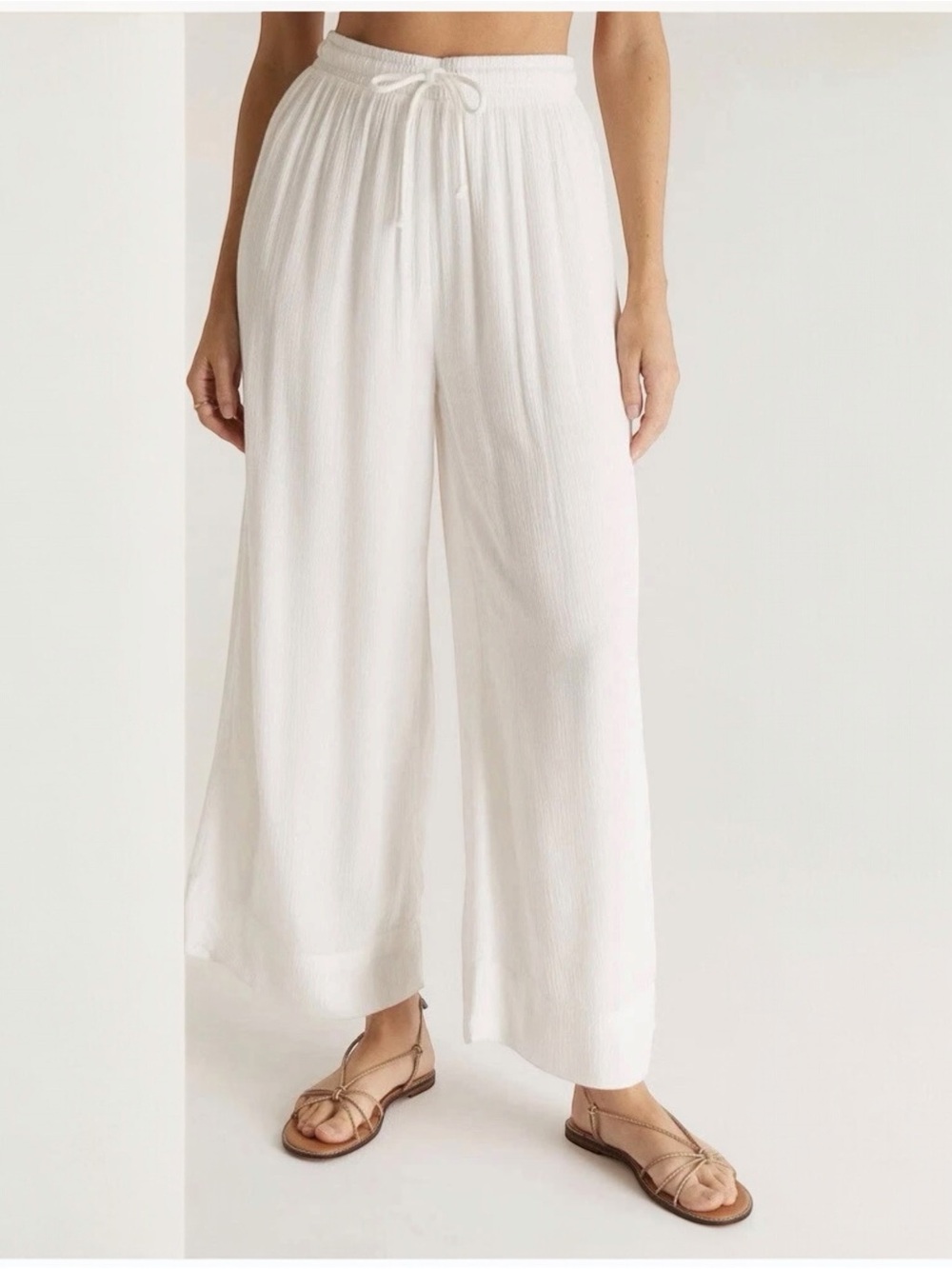 Z Supply Whitesands Wide Leg Drawstring Pants White Gauze Pull On Elastic Waist